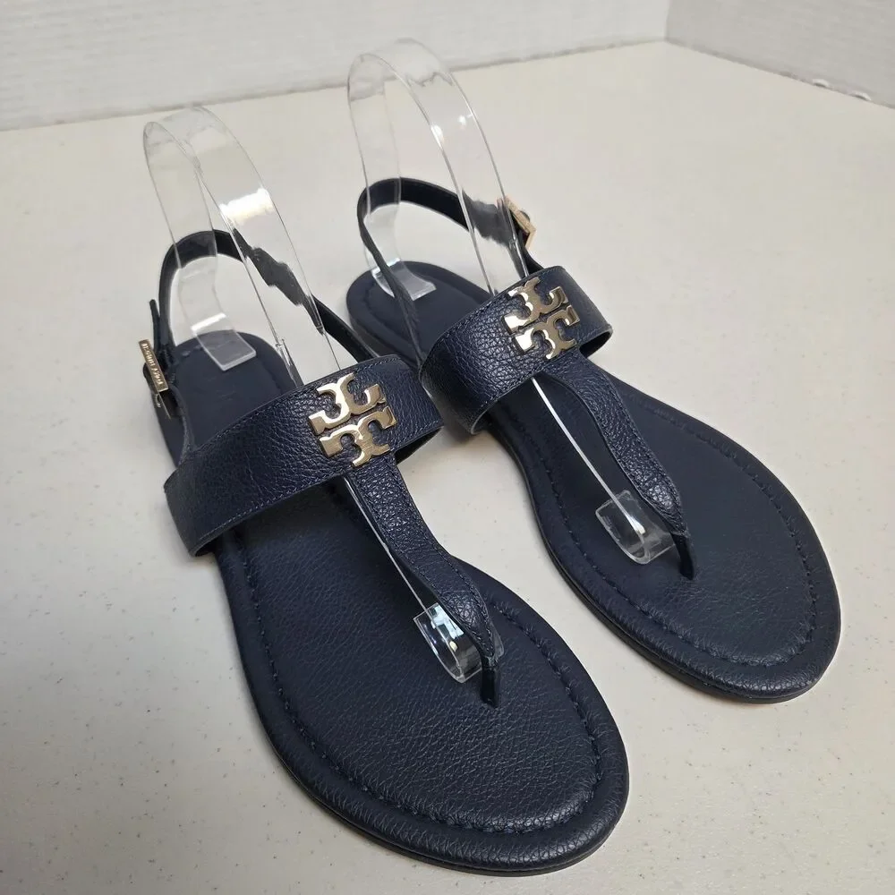 TORY BURCH Navy Dark Blue Claire Flat Thong Sandals Size 9 Slingback